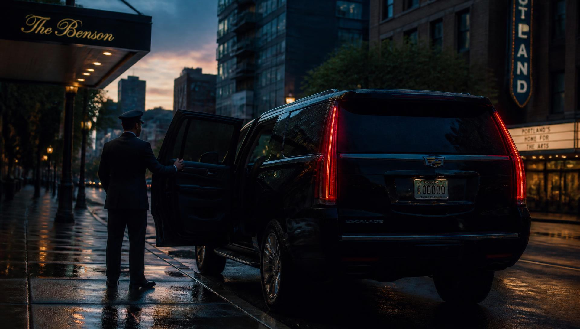 Chauffeur opening the door of a black luxury SUV on a Portland street at dusk