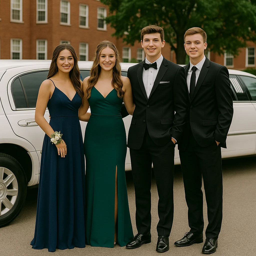 Stretch limousine with prom group celebrating in Portland