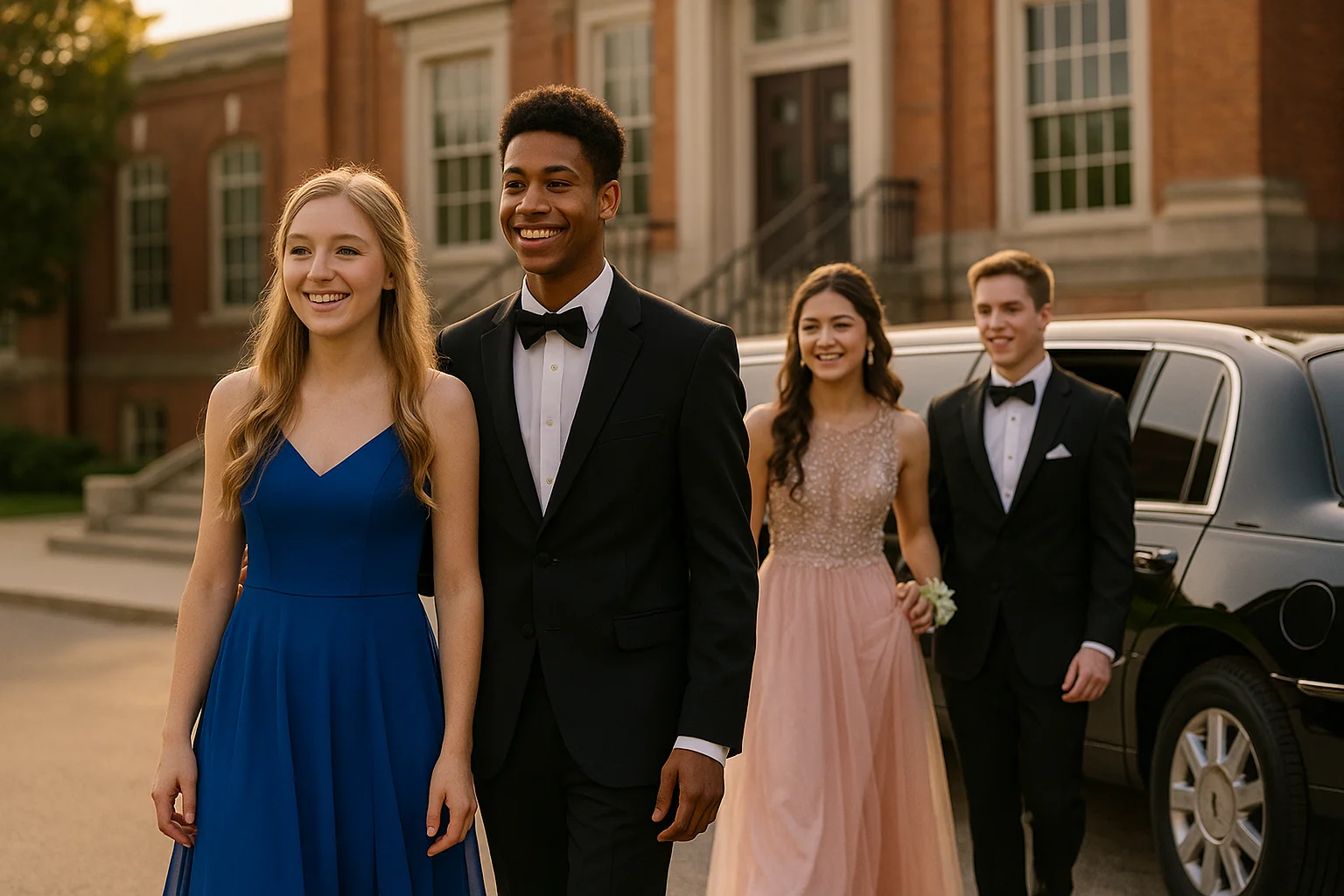 Prom limousine arrival at Portland high school with red carpet