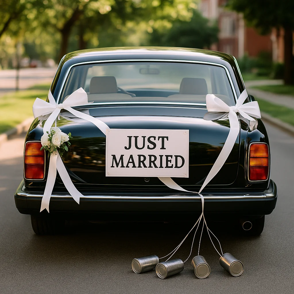 Decorated wedding getaway car with Just Married sign in Portland