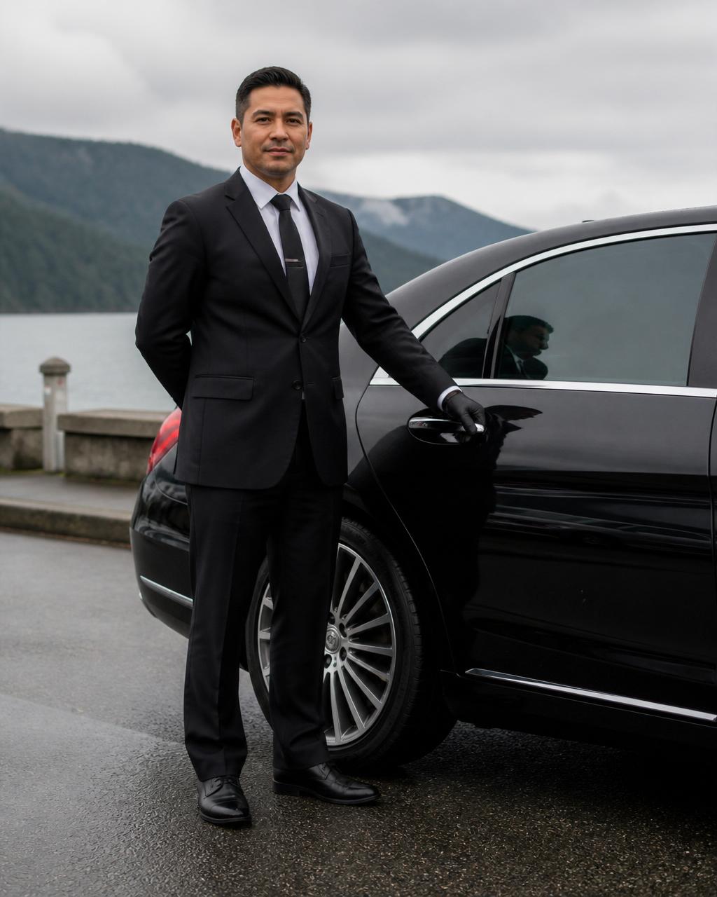Chauffeur standing beside a black luxury sedan